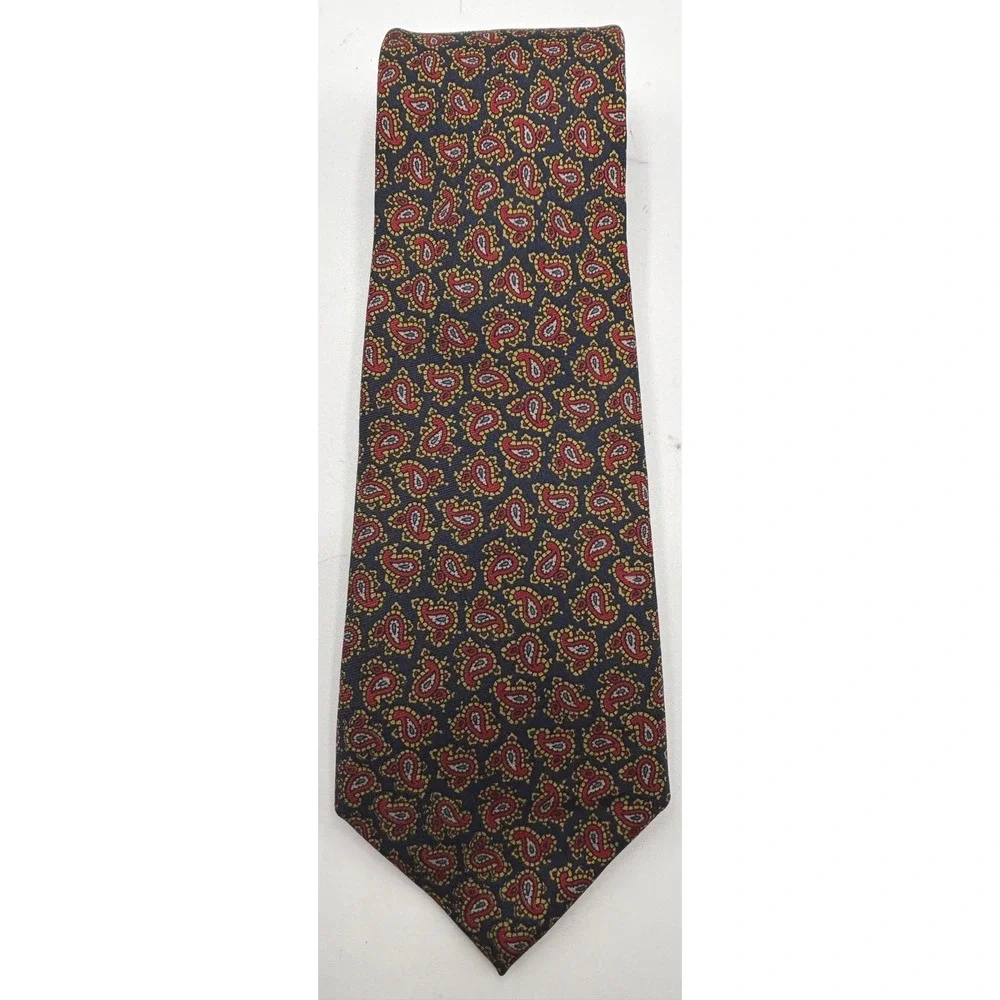 Vintage 1970s-80s Bert Pulitzer Paisley Necktie Navy Red Hand Printed England